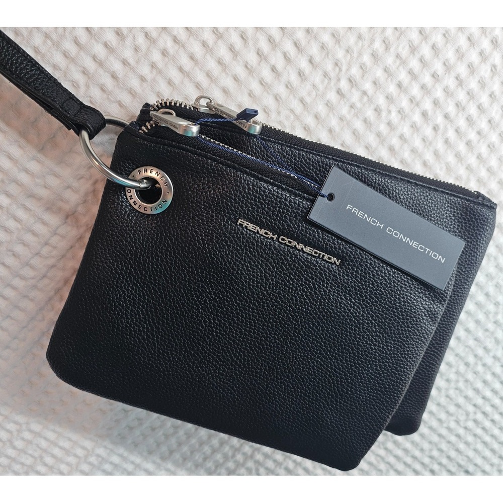 French Connection Lara Pebbled Faux Leather Double Zip Wristlet Black Travel